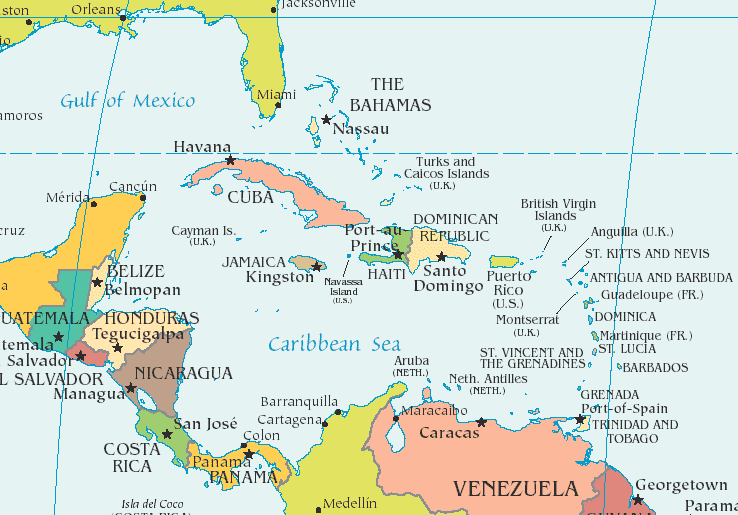 Map of the Caribbean, Central America, and top of South America